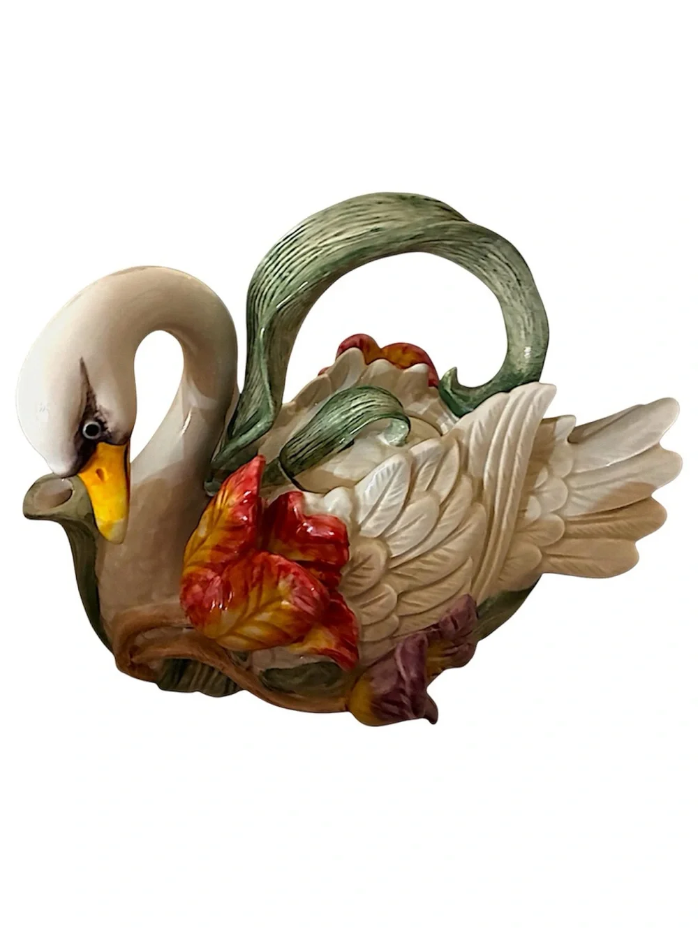 Fitz & Floyd Vintage White Swan & Tulips Teapot | Hand-Painted Porcelain